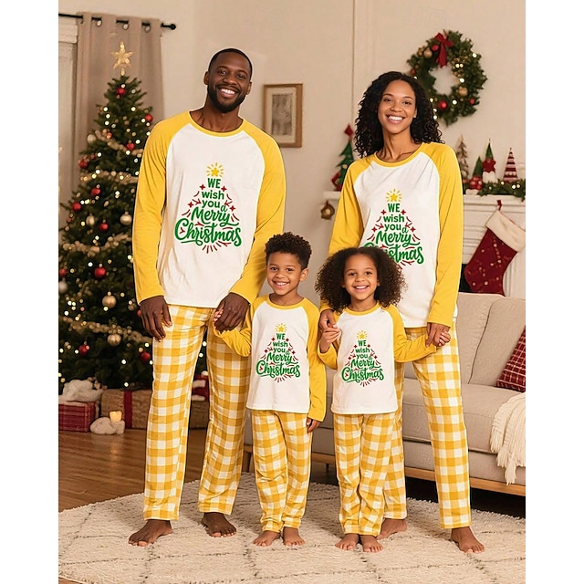  ファミリールック クリスマス クリスマスファミリーパジャマ パジャマ ファミリーセット グラフィック チェック クリスマスツリー 家 プリント イエロー 長袖 日常 マッチング衣装