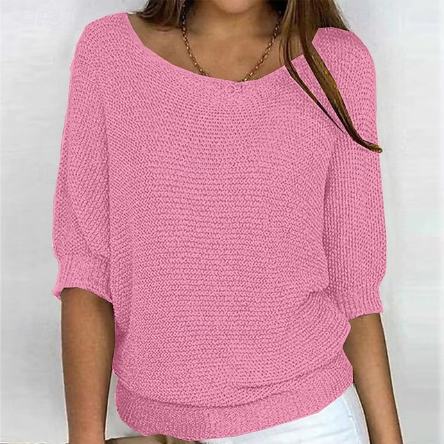 Dames Trui Stoppen Streetwear Casual Effen Kleur Strakke ronde hals Gebreid 3/4 mouw Normale tops breien Dagelijks Feestdagen Uitgaan Geel Blozend Roze Zomer Lente