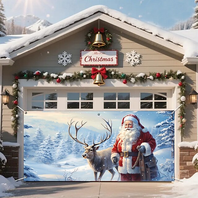 Bannière De Noël Pour Porte De Garage - Grand Format 4x1,8 M Avec Père Noël Et Bonhomme De Neige