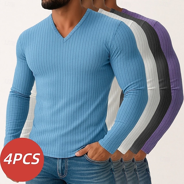 Miesten T-paita Ribbineulos T-paita Pitkähihainen paita Pitkähihainen V kaula-aukko Kevät Syksy Talvi Tavallinen Pit Strip Muoti Suunnittelija Perus 4-osainen Monipakkaus Loma Katu Kausaliteetti 8