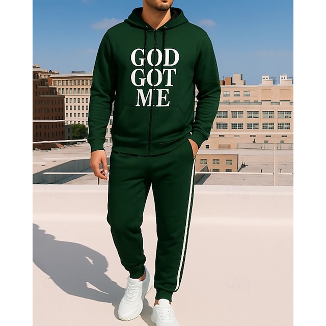  Święta Męskie Dres 2-częściowy Bluza z kapturem Lounge Bluza zapinana na pełny zamek Pełny zameczek z kieszenią Litera Zestawy odzież Wiosna Ciemnozielony Podróże Bieganie Oddychający Długi rękaw