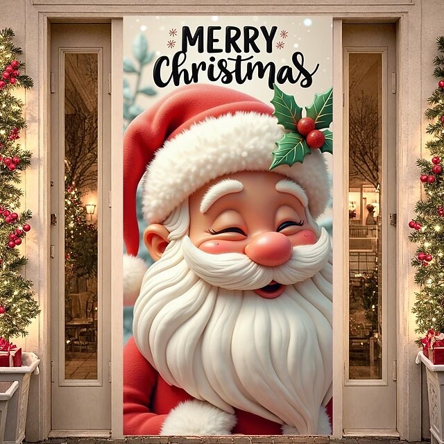 Christmas Door Cover Merry Christmas Holiday Decoration Drapes with Santa Claus Holly Leaves and Red Berries Print for Home Entryway Living Room Bedroom Indoor Outdoor Festive Seasonal Decor3
