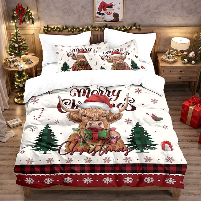  Jule-høylandsku-trykket 3-delt dundynesett, komfortabelt sengetøy for hotell eller soverom, inkluderer 1 dynetrekk + 2 putevar, queen size-seng, myk kort fleece