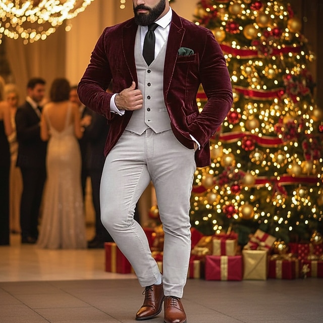  Blazer masculino de veludo com fecho de colarinho, moda natalina para festa, cor sólida, amarelo, vermelho, verde, ajuste padrão, abotoamento simples, um botão