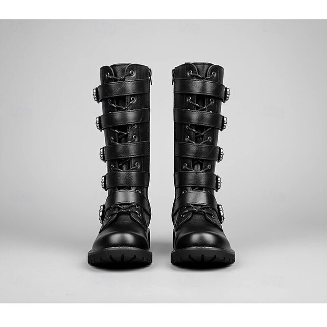 Men's Knee High Boots with Multi Buckle Straps and Lace-Up Design