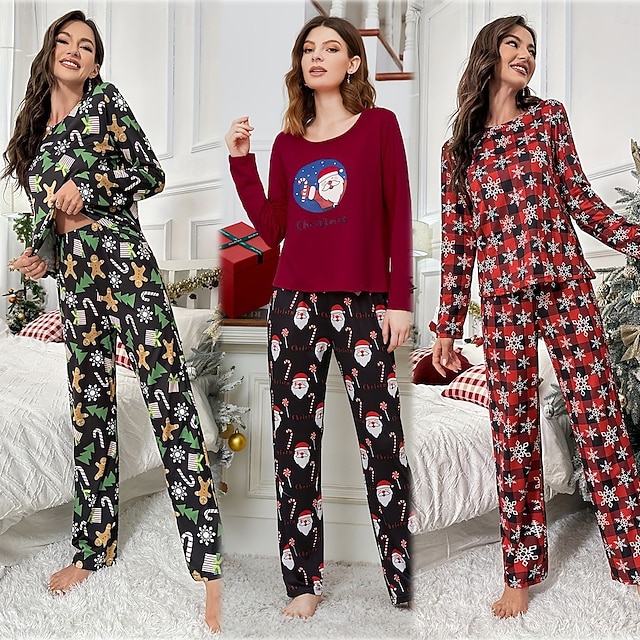  Conjunto de Pijamas de Natal Feminino com Boneco de Neve e Árvore de Natal Confortável Gráfico do Pai Natal Cintura Elástica Camiseta Calça Férias em Casa Manga Longa Gola Redonda Rosa Vinho Vermelho