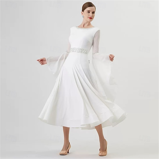  Robe de danse de salon pour femme, manches longues, taille strass, élégante, pour valse, tango, foxtrot, compétition – blanche
