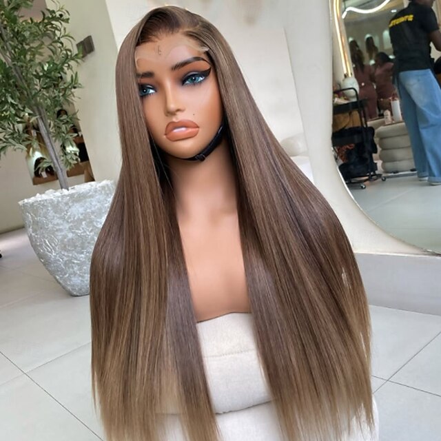 Perruque Avec Frange, Cheveux Lisses Noir Et Marron - 18 Pouces - Semi-naturelle, Résistante à La Chaleur