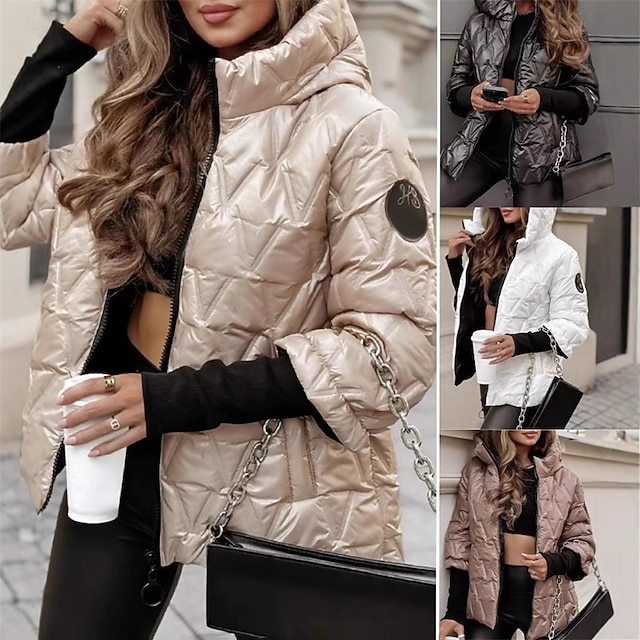 Damskie Dół kurtka puchowa Pikowana kurtka Zatrzymujący ciepło Wygodny Zamek Kieszeń Moda Codzienny Równina Ulica Dzienne zużycie Wyjściowe Zamek błyskawiczny Regularny Kaptur Regularny Długi rękaw