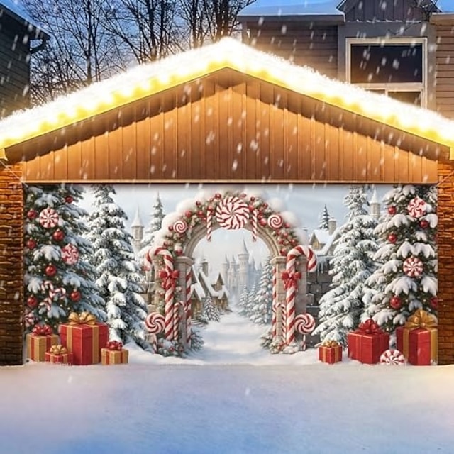  Couverture de porte de garage de Noël, arche d'arbre de Noël, neige et boîtes-cadeaux, grande toile de fond suspendue, bannière murale de vacances extérieure, décoration de fête à domicile, décor