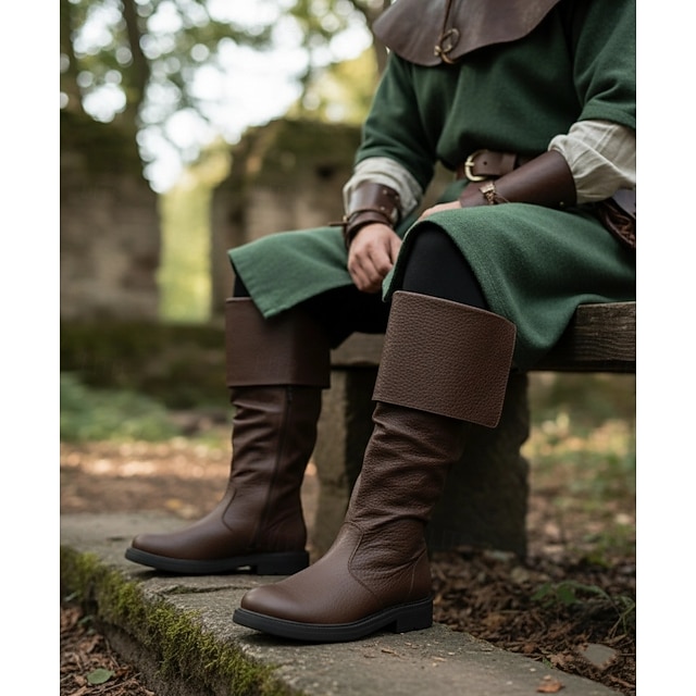  Botas masculinas estilo pirata medieval de couro sintético marrom – botas dobráveis de cano alto para cosplay, feiras renascentistas e eventos temáticos