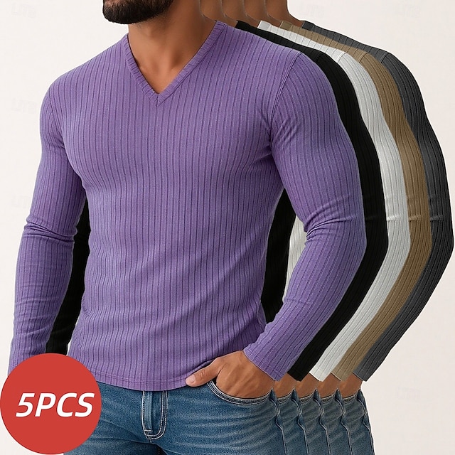 Miesten T-paita Ribbineulos T-paita Pitkähihainen paita Pitkähihainen V kaula-aukko Kevät Syksy Talvi Tavallinen Pystysuuntaiset nauhat Pit Strip Muoti Suunnittelija Perus 5-osainen Monipakkaus Loma