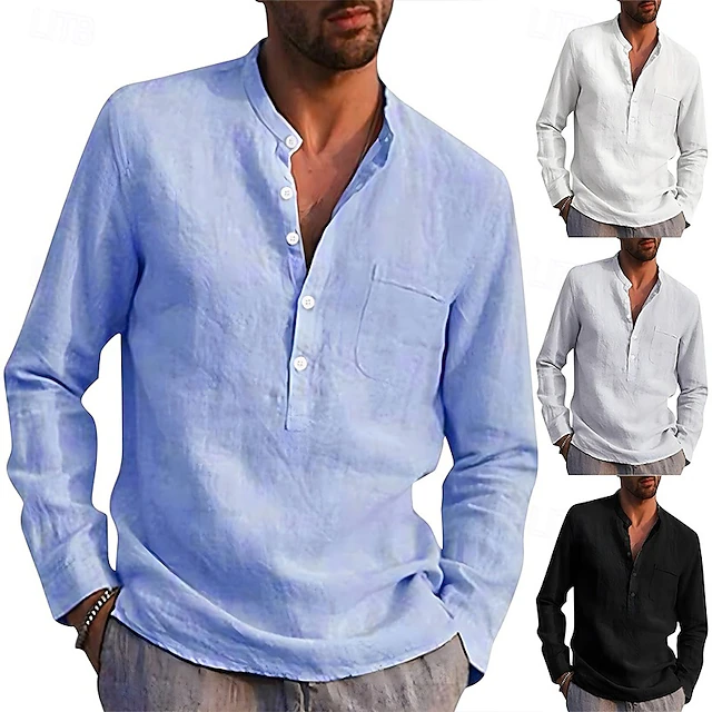 Men's Shirt Linen Shirt Band Collar Shirt Summer Shirt Beach Wear Solid Color Street Hawaiian Light Blue Wine Red Black White Long Sleeve Collar Summer Spring Clothing Apparel 14