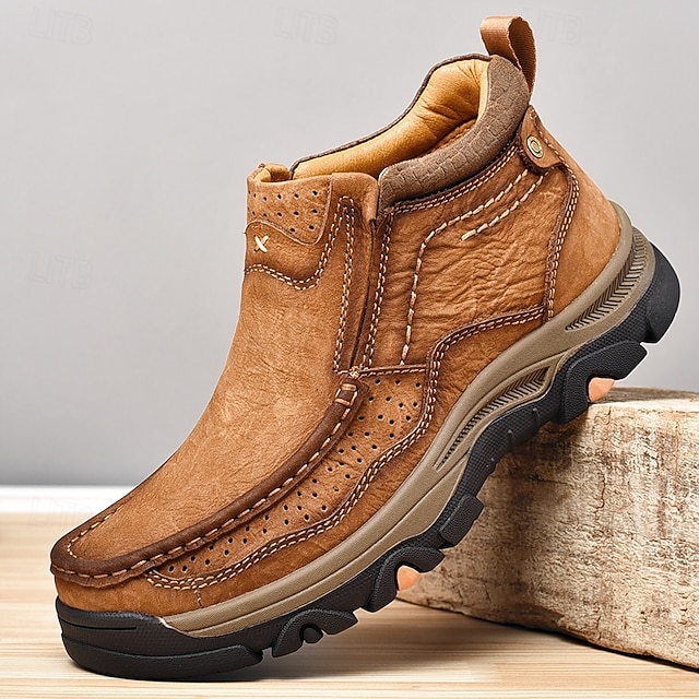  brązowe, wsuwane buty męskie ze skóry ekologicznej – wygodne i wytrzymałe, z amortyzowaną wkładką, idealne do noszenia na co dzień, aktywności na świeżym powietrzu i codziennego użytku