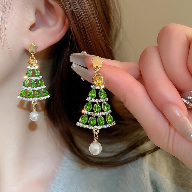  Boucles d'oreilles sapin de Noël – Boucles d'oreilles de Noël en cristal vert scintillant avec détails étoile et perle pour femmes