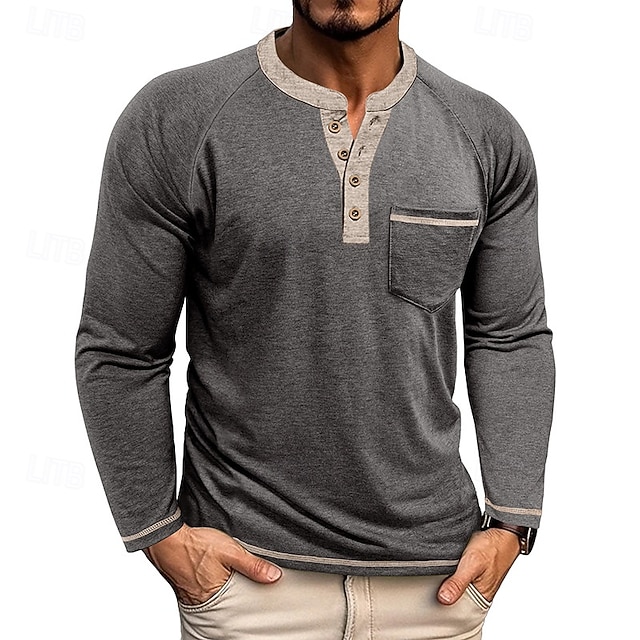  Per uomo Maglietta Maglia Henley Camicia a Maniche Lunghe Manica Lunga Henley Primavera Autunno Blocco di colori Moda Designer Essenziale Tasche Vacanza Streetwear Uscire Rosso scuro Nero Blu marino