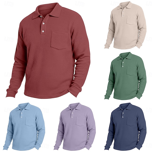 Herre Vaffel poloskjorter Golf poloskjorter Virksomhet Avslappet Knaphul Klassisk Langermet Mote Grunnleggende Helfarge Lomme Høst Vinter Alle årstider Normal Hvit Lyseblå Rød Navyblå Lilla Grønn