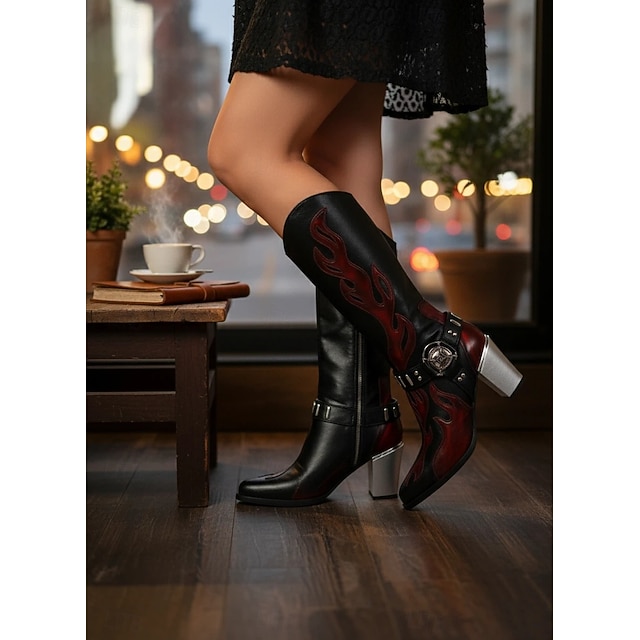  Γυναικείες καουμπόικες μπότες western με κέντημα φλόγας - μαύρες και καφέ γοτθικές μπότες με χοντρό τακούνι μέχρι τη μέση της γάμπας για Halloween, μουσικά φεστιβάλ και εμφανίσεις ροντέο