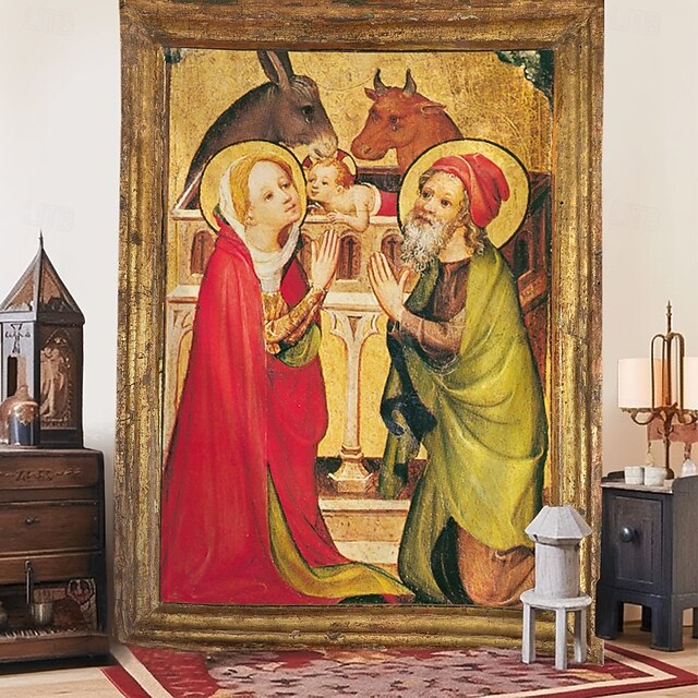 Christmas Hanging Tapestry Jesus Birth Nativity Scene Oil Painting Style  Large Wall Art Mural Decor Blanket Curtain Holiday Home Bedroom Living Room Religious Celebration Decoration Festive Ornament4