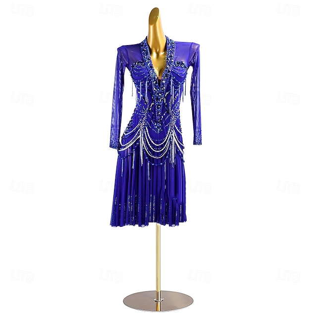  Robe de danse latine pour femme, bleu roi, strass, manches longues, franges, costume de performance pour compétition de samba, cha cha, rumba