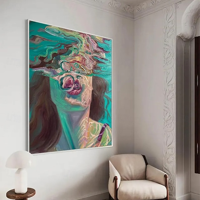 Картина с дайвингом, дайвинг, настенное искусство, плывущая девушка, картина с зеленым абстрактным искусством, дайвинг в океане, чувственная женщина, плавающая, настенное искусство на холсте, ручная работа