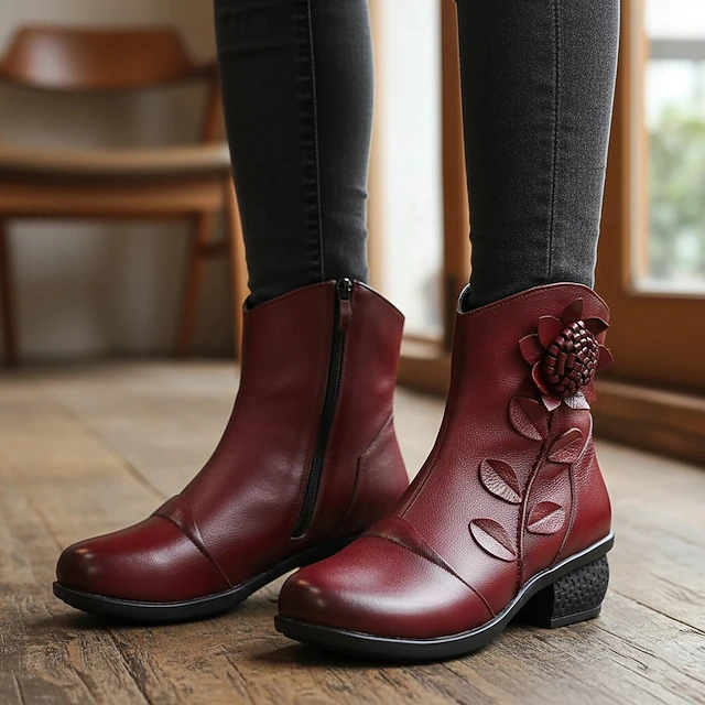 Women's Red Leather Ankle Boots with Floral Appliqué – Vintage Mid-Heel Short Boots for Casual and Dressy Outfits 11