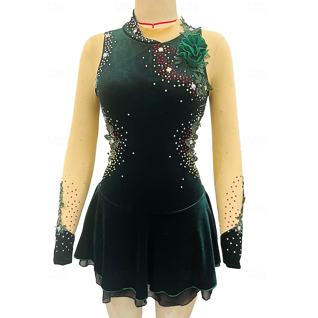  Vestidos para Patinação Artística Mulheres Para Meninas Patinação no Gelo Vestidos Preto Verde Escuro Roxo Patchwork Com Transparência Elasticidade Alta Treino Competição Roupa para Patinação