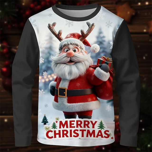  Jul Pojkar 3D jultomten T-shirt Långärmad Vår Höst Mode Grundläggande Barn 4-12 år Rund hals Utomhus Ledigt Dagligen Normal