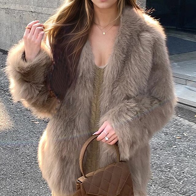 Dame Vinterfrakk Fuskepels Hold Varm Bekvem Pels og lær Aktiv Mote عادي utendørs Feriereise Avslappet Ut på byen Normal V-hals Normal Langermet Yttertøy Svart Mørkegrå Aprikos Høst Vinter