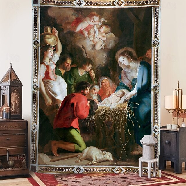 Christmas Hanging Tapestry Nativity Scene Oil Painting Style Jesus Birth Large Wall Art Mural Decor Blanket Curtain Holiday Home Bedroom Living Room Religious Celebration Decoration4