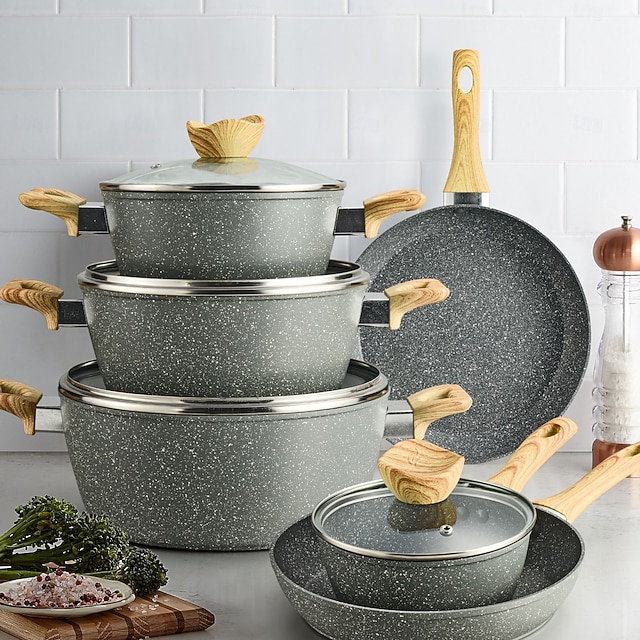  9/10ピースのノンスティックソースパン、ガラス蓋、フライパンセット。耐久性がありお手入れが簡単で、すべてのコンロに適しています。