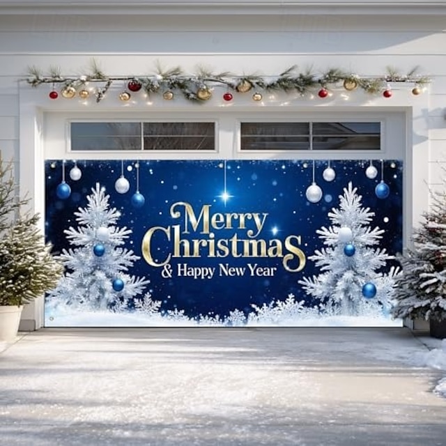  Capa para porta de garagem de natal, meias de feliz natal, bastão de doces, grande cenário para pendurar, banner de parede para feriados ao ar livre, quintal, garagem, decoração para festa em casa