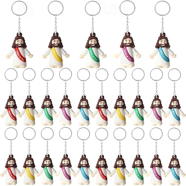  50/100個の小さなイエスのキーホルダー、ミニイエスの置物キーホルダー、クリスマスストッキング詰め物ギフト、マルチカラーの小さなイエスのキーホルダー、ミニチュアキーホルダーを隠す