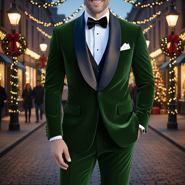  herre jul fritid fest fløyelsdresser sjalslag rød grønn julefest ensfarget skreddersydd passform 2 deler enkeltspent én knapp