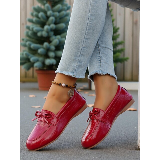 Femmes Mocassins Chaussures souples Chaussures à coupe large Chaussures de confort Noël Quotidien Fête des Mères Nœud Talon plat Bout Rond Classique Occasionnel Confort Faux Cuir Mocassin Noir Rouge