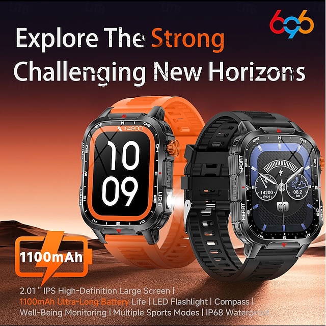 Nowy globalny smartwatch 2,01 cala, 1100 mAh, duża bateria, kompas LED, męski zegarek sportowy do użytku na świeżym powietrzu, asystent głosowy, połączenia bezprzewodowe