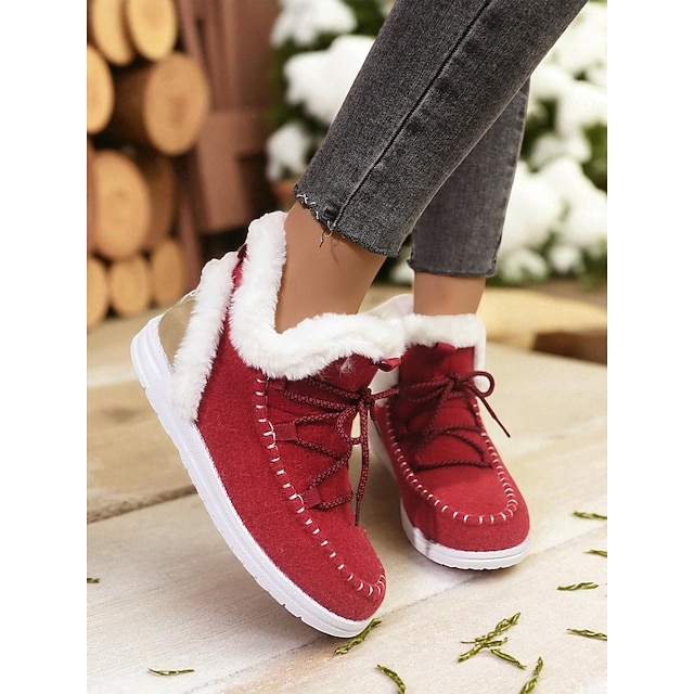  בגדי ריקוד נשים מגפיים מגפי שלג מגפי שרוכים מגפי חורף חג מולד יומי פליז מגפיים קרסול מגפיים שטוח בוהן עגולה יום יומי דמוי פרווה בד לואפר שחור ורוד אדום