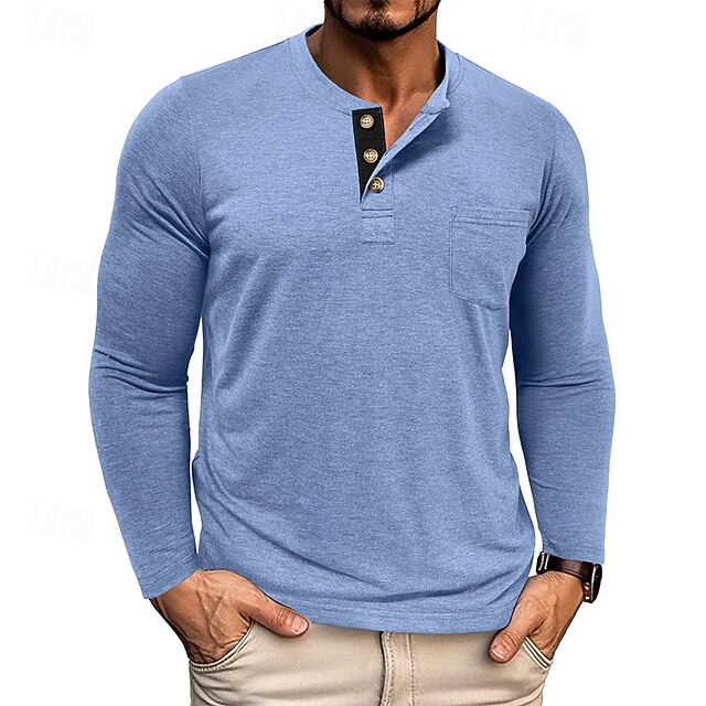 Men's Waffle Henley Shirt Tee Long Sleeve Solid Color Plain Textured Fashion Designer Casual Pocket Buttons Henley Outdoor Casual Daily Fall Winter All Seasons White Navy Blue Blue Henley T-Shirt4