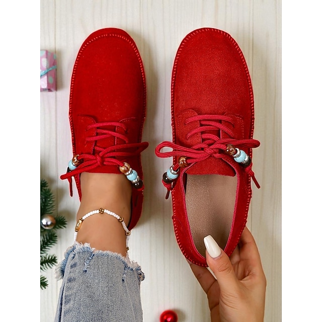  Røde mokkasinloafers med perlebesatte snørebånd for kvinner – koselige juleslippers for kvinner – ideelle for jul, vinterkomfort og avslappede dager