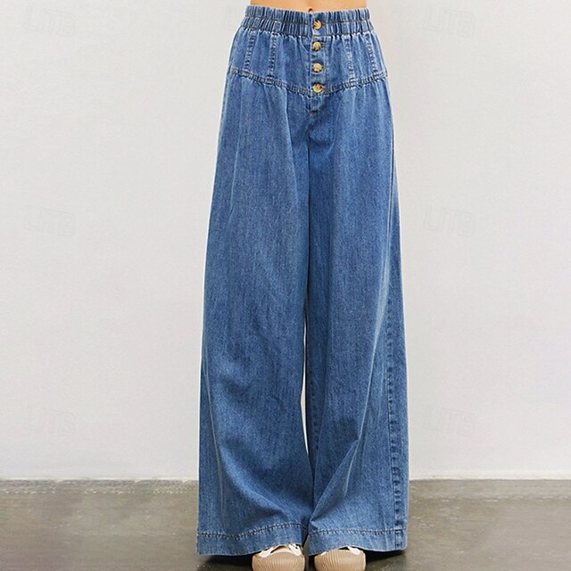 Women's Jeans Culottes Wide Leg Chinos Streetwear Casual Full Length Medium Waist Plain Pocket Elastic Waist Comfortable Micro-elastic Outdoor Vacation Navy Fall Winter Loose Fit4