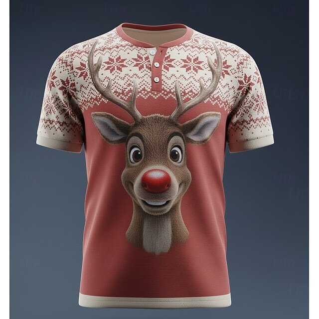 Men's Christmas Reindeer Snowflakes T Shirt Henley Shirt Short Sleeve Designer Retro Vintage Street Casual Daily Summer Spring Winter Red Henley Henley T-Shirt4