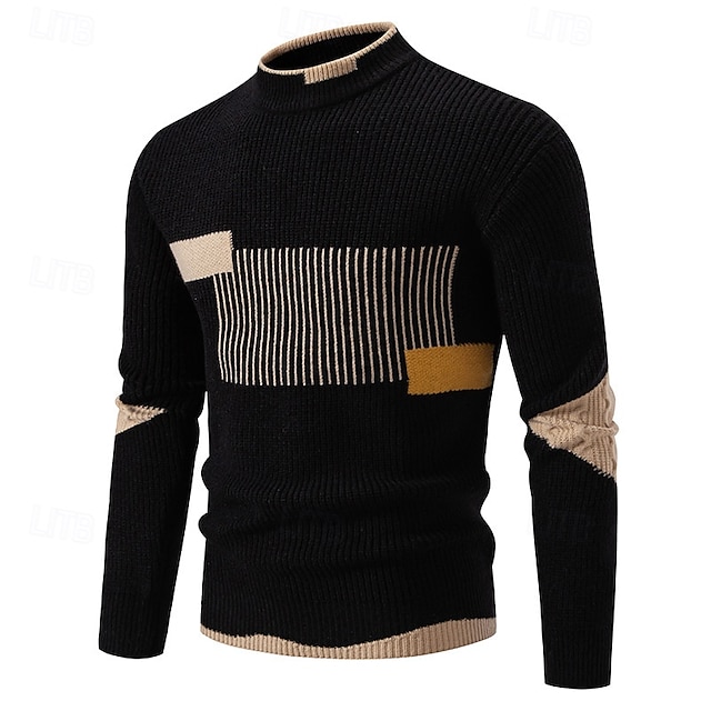  Herren Pullover Strickpullover Gerippt Stricken Normale Oberteile Gestrickt Farbblock Rundhalsausschnitt Mode Basic Urlaub Alltagskleidung Bekleidung Herbst Winter Schwarz Weiß S M L