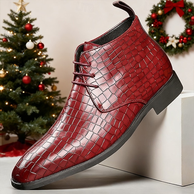  Bottines en similicuir rouge à motif crocodile pour homme – Chaussures habillées à lacets tendance pour les fêtes, la vie nocturne et les occasions spéciales