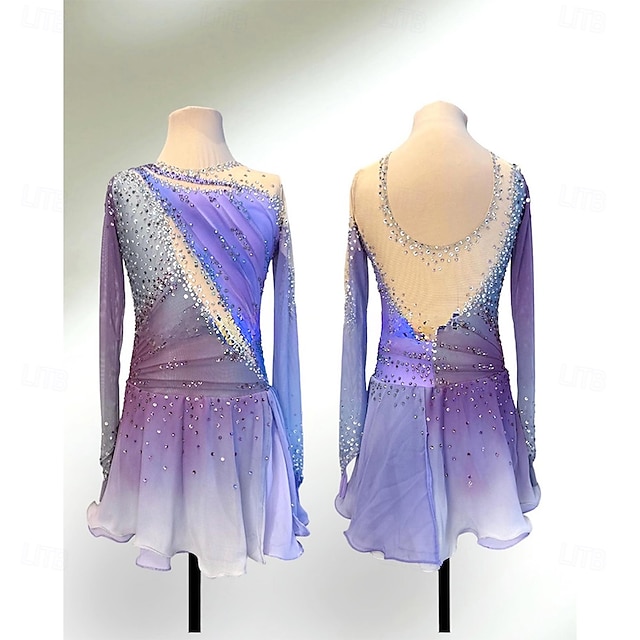 Robe de patinage artistique Femmes Fille Patinage Robe Violet Patchwork Trou de pouce Spandex Maille Haute Élasticité Entraînement Compétition Tenue de Patinage Classique cristal pailleté manche