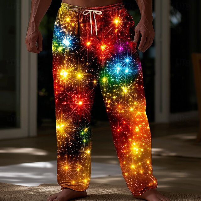 Christmas Men's Sparkling Glitter Christmas Light Joggers Pants Trousers Casual Pants Mid Waist Drawstring Elastic Waist Casual Outdoor Holiday Straight Leg Trousers Spring Fall 3D Print Orange4