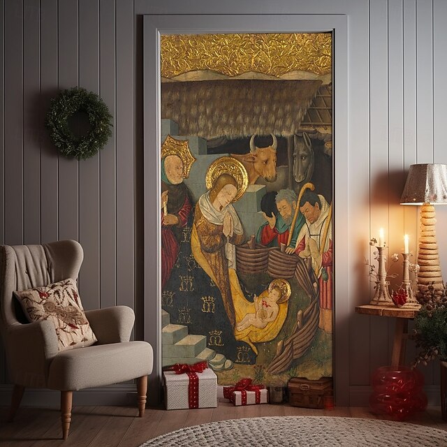 Christmas Door Cover Winter Holiday Decoration Drapes with Nativity Scene Featuring Baby Jesus Virgin Mary and Saint Joseph Print for Home Entryway Living Room Bedroom Indoor Outdoor4