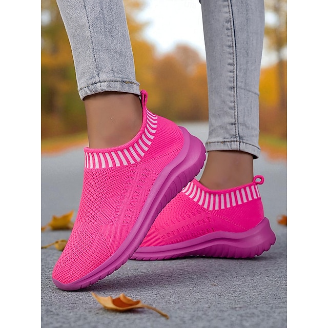  Dames rosa Flyknit slip-on sneakers med pustende mesh-overdel og sklisikker såle, avslappede lette tursko for løping og reiser &hverdagsbruk