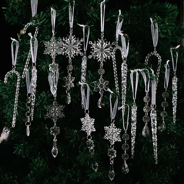  20 ks vánočních křišťálových závěsných ozdob, průhledných akrylových rampouchů a sněhových vloček na vánoční stromeček, vánoční dekorace do domu