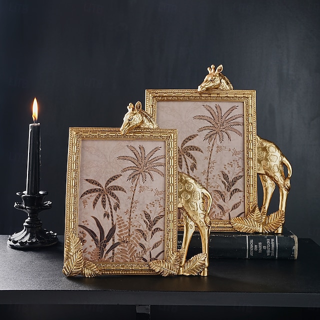  1 cadre photo décoratif rectangulaire en résine dorée en forme de girafe, cadre en résine, cadre d'affichage photo chaud pour bureau, adapté à la décoration de photos de famille et aux accessoires de