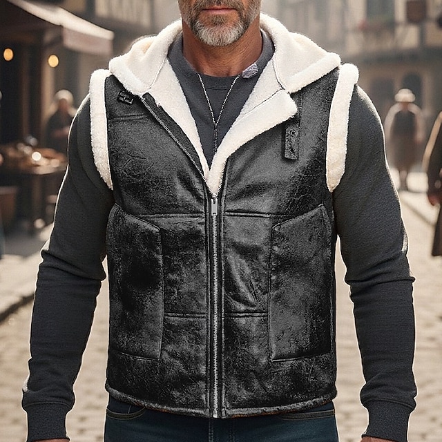 Herren Fleeceweste Weste Gilet Outdoor Täglich Mode Lässig Herbst Winter Tasche Fleece Kunstleder Polyester Warm Bequem Einfach Reisverschluss Mit Kapuze Normale Passform Schwarz Braun Weste